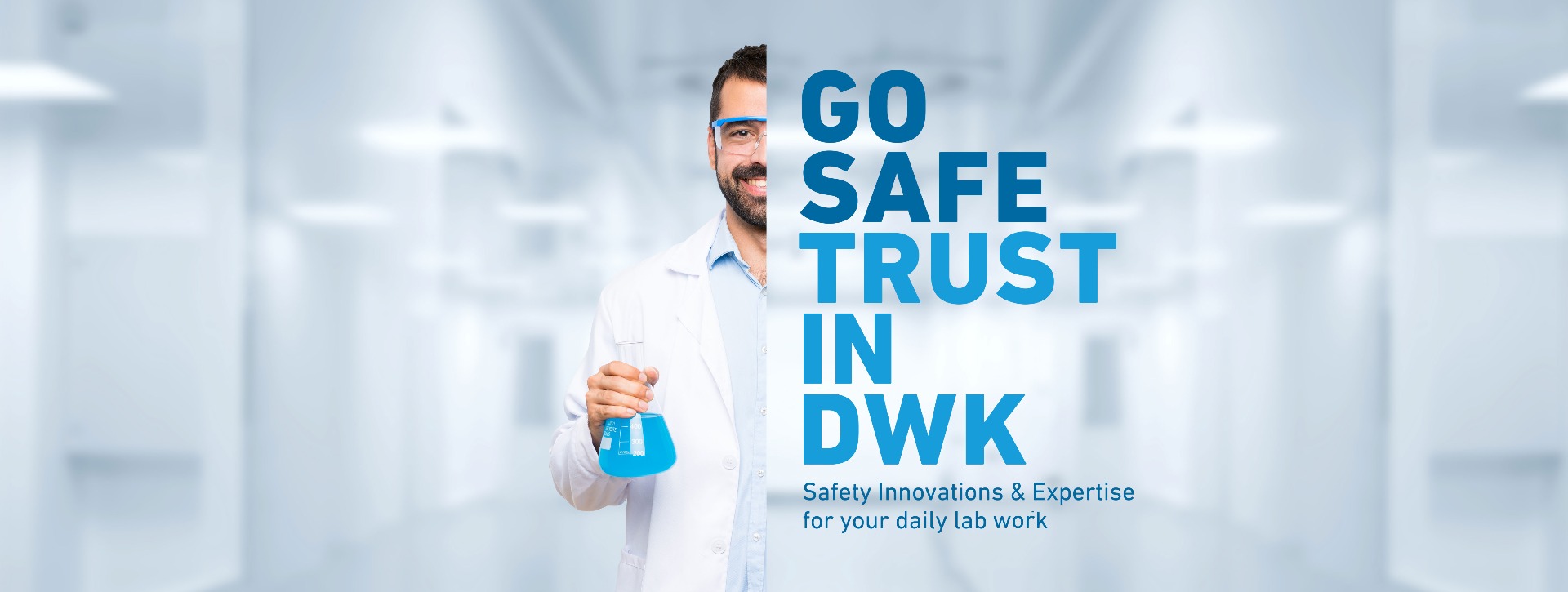 scientist in a lab coat holding Erlenmeyer flask with Go Safe Trust in DWK text